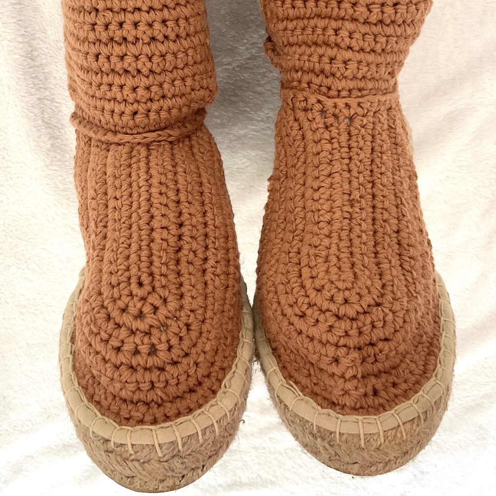 LIVS Crochet Knee High Espadrille Boots Tan Lace Up Boho Cottagecore Size 7 - Picture 5 of 15